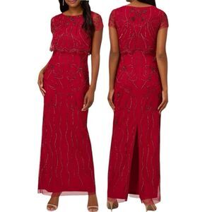 Adrianna Papell Beaded Scalloped-Popover Gown in the Size 16 in Cranberry Color